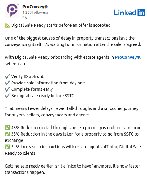 Screenshot of ProConvey LinkedIn post about Digital Sale Ready onboarding outcomes.